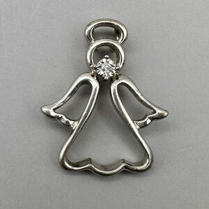 Angel Outlined Pendant Halo Signed AU 925 Sterling Silver Center Diamond Stone